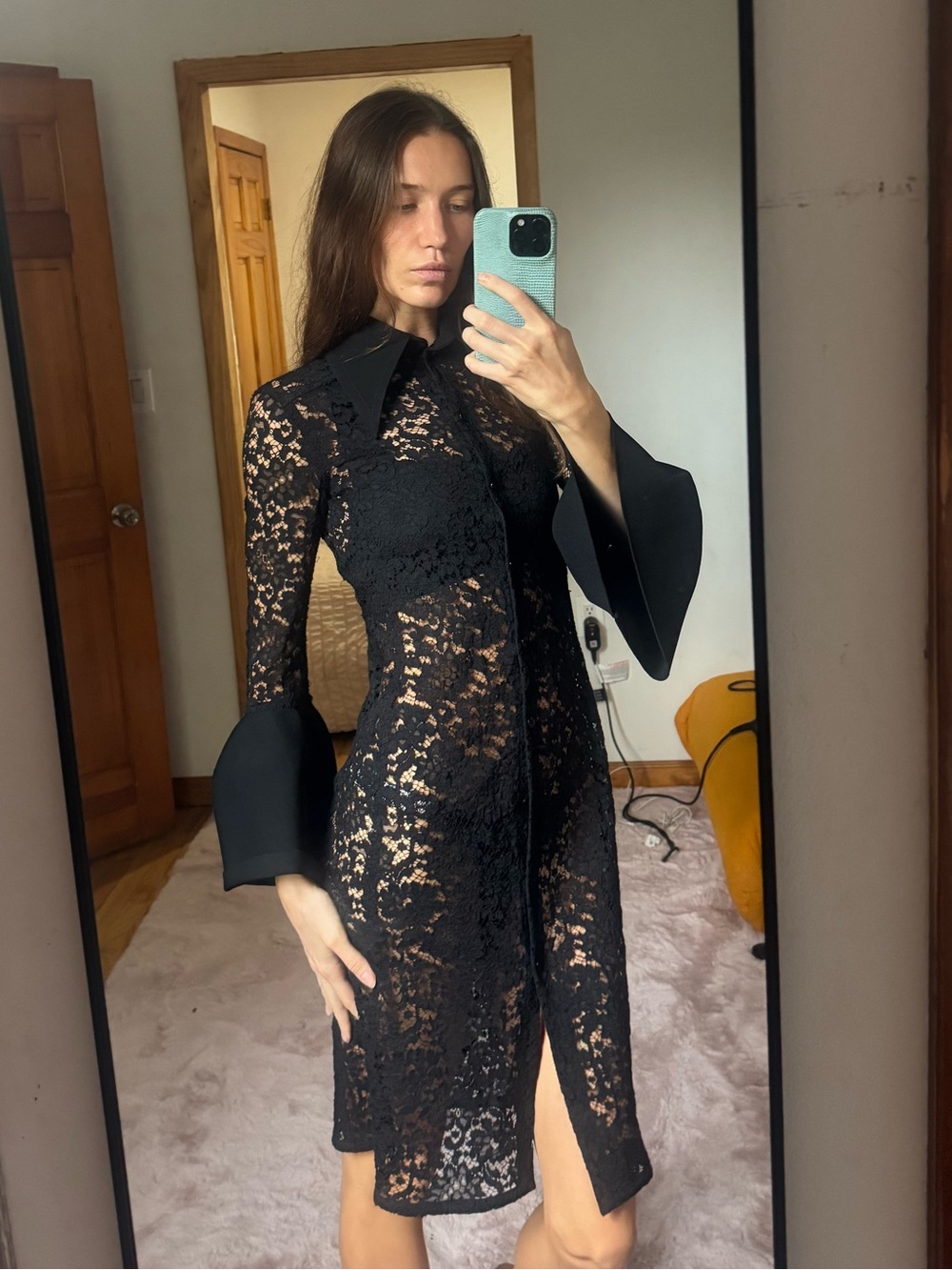 Proenza Schouler Black Lace Long-Sleeve Sheath Dress - Picture 4 of 7